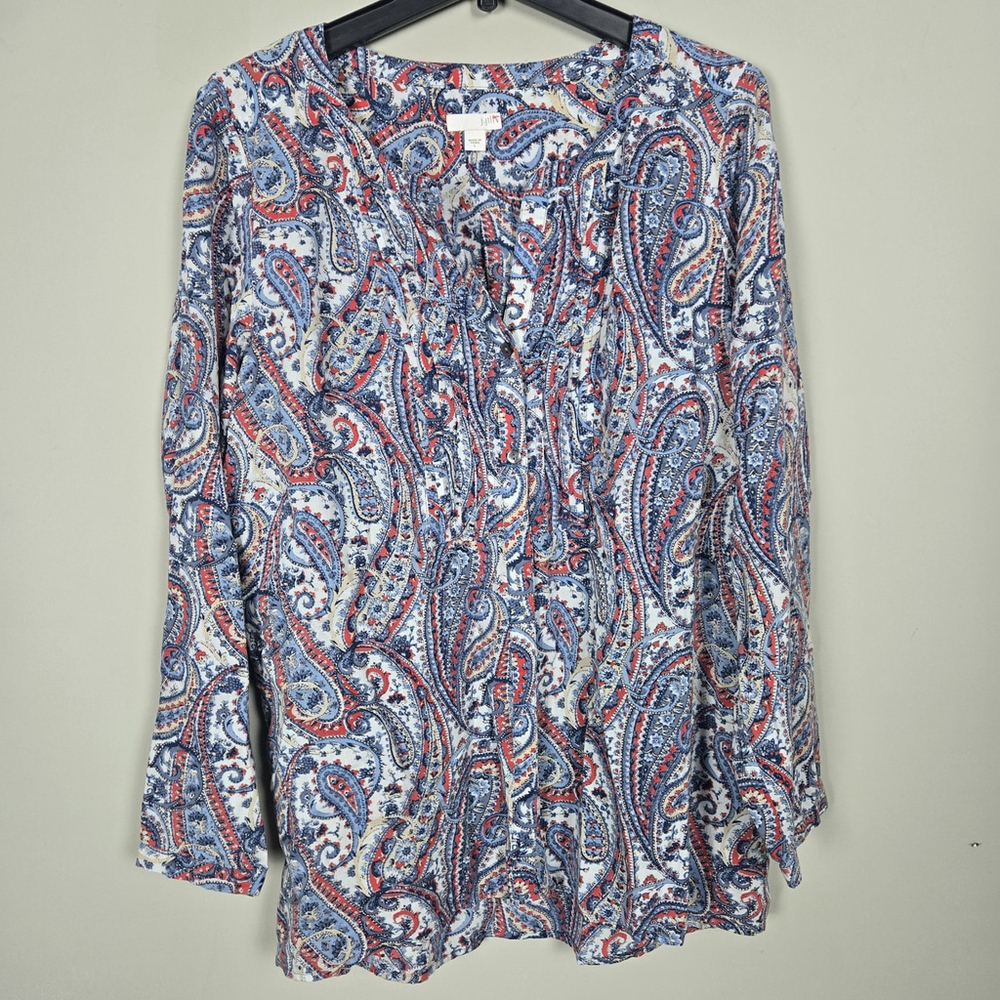 J Jill Womens Paisley Artsy Button Up Top Size L Blue Floral Boho Mature Office